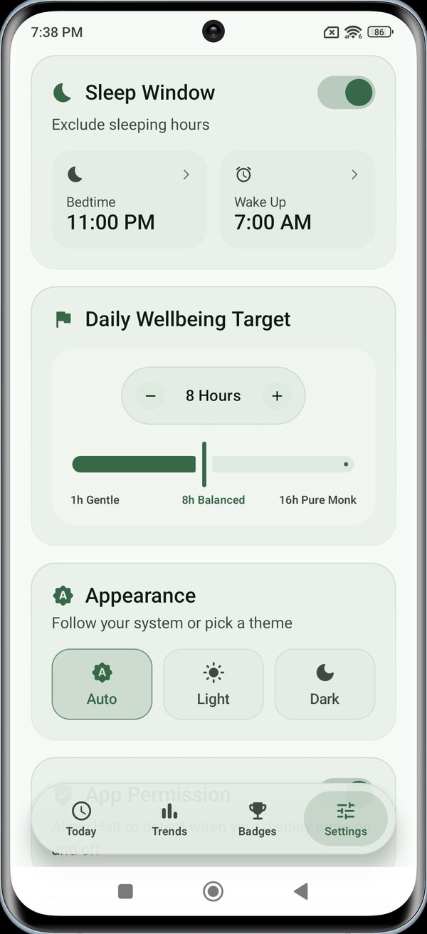 Settings: sleep window, daily goal and theme